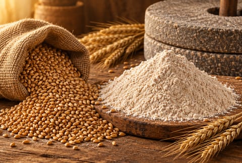 Wheat grains and chakki-milled atta